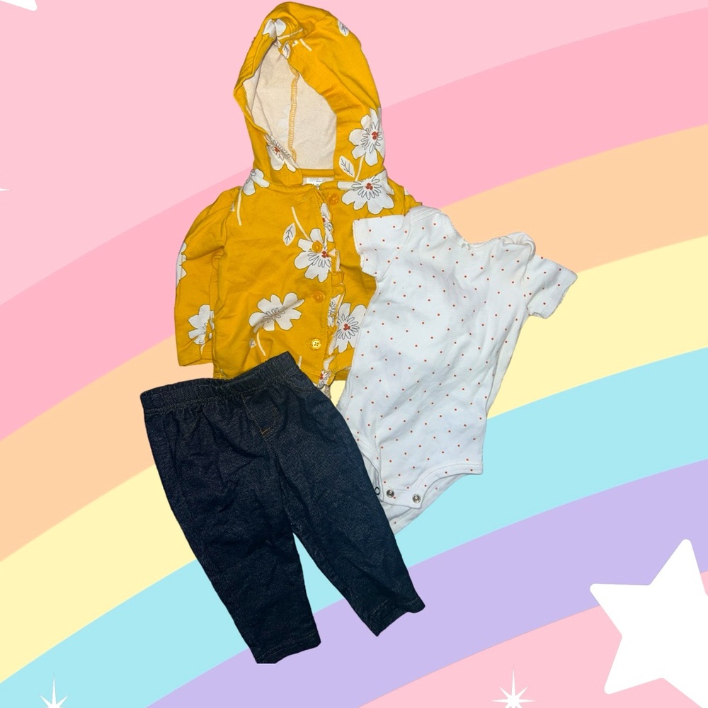 CARTERS | 3 PIECE MATCHING FLORAL BUTTON UP HOODIE POLKA DOT RUFFLE OUTFIT 6-9 M